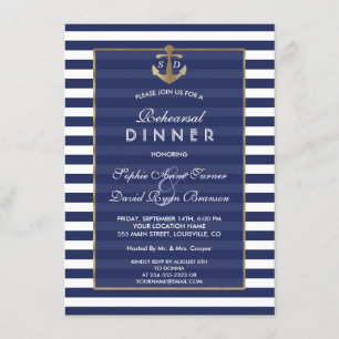 Nautical Navy Blue Rand Guld REHEARSAL DINNER Inbjudningar