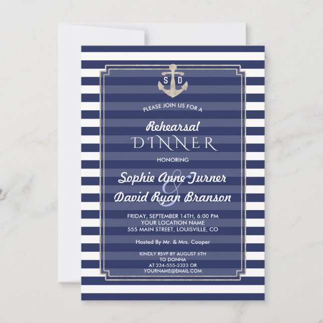 Nautical Navy Blue Rand Silver REHEARSAL DINNER Inbjudningar (Framsida)
