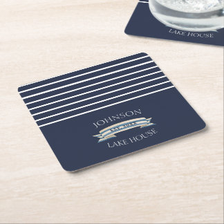 Nautical Navy Blue Stripe Lake House Name Underlägg Papper Kvadrat