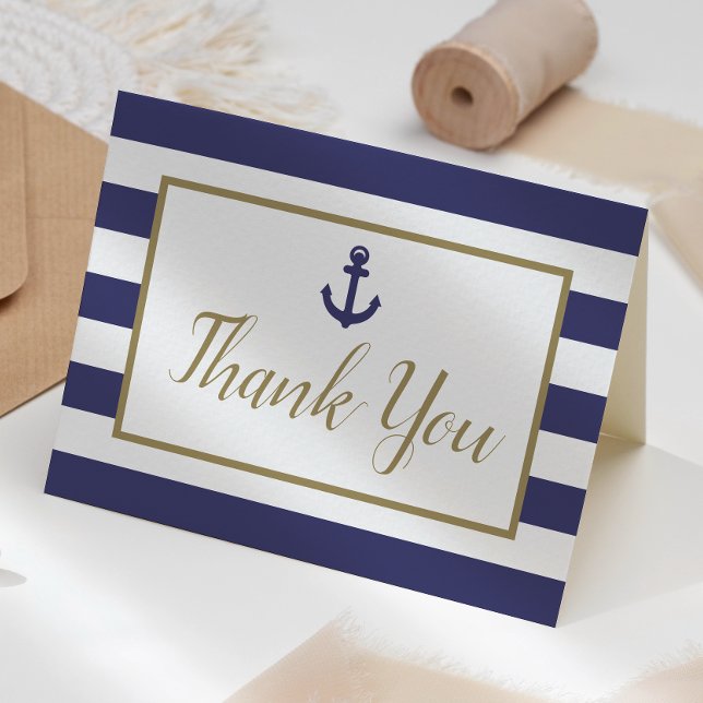 Nautical Navy Blue Stripes Anchor Gold Script Tack Kort (Skapare uppladdad)
