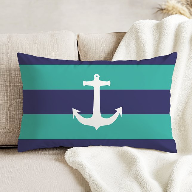 Nautical Navy Blue Turquoise Stripes White Anchor Prydnadskudde (Skapare uppladdad)