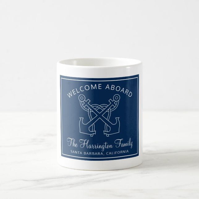 Nautical Navy Blue Welcome Boat Family Namn Kaffemugg (Center)