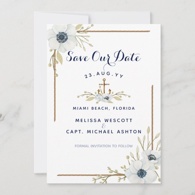 Nautical Navy Blue & White Anemone Anchor Bröllop Spara Datumet (Framsida)