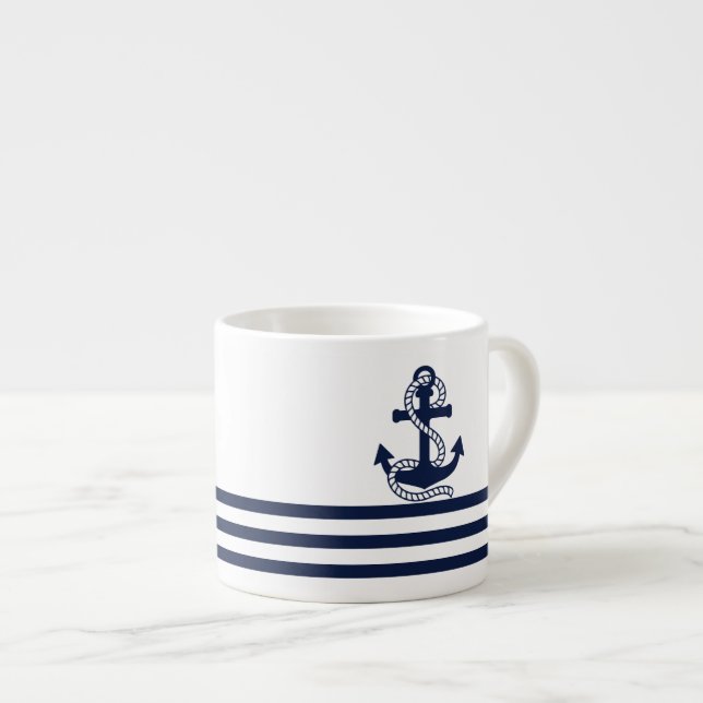 Nautical Navy Blue White Rand och Blue Anchor Espressomugg (Framsida höger)