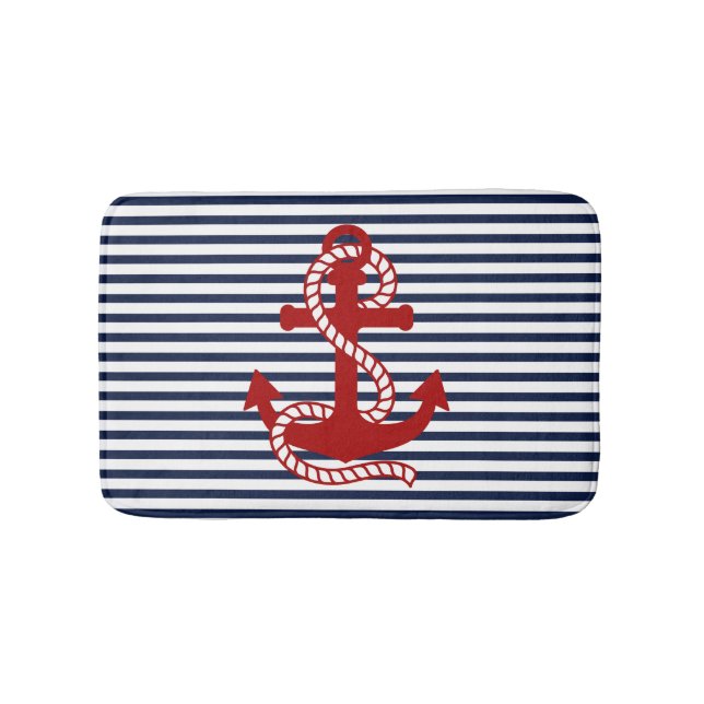 Nautical Navy Blue White Rand och Red Anchor Badrumsmatta (Framsidan)