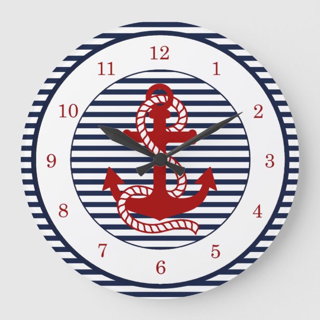 Nautical Navy Blue White Rand och Red Anchor Stor Klocka (Framsida)