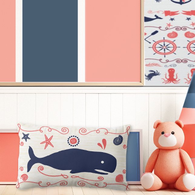 Nautical Navy Coral Boy Nursery Whales & Seashells Lumbarkudde (Skapare uppladdad)