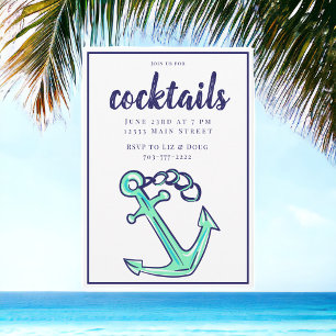 Nautical Navy Grön Ankare Cocktail Party  Inbjudningar