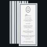 Nautical Navy Monogram Long Wedding Menu Card Inbjudningar<br><div class="desc">Nautical Wedding Menu in classic navy and white — a chic coastal reception menu perfect for elegant seaside celebrations. Inspired by timeless Coastal Elegance and yacht-club aesthetics, this navy stripe monogram long menu is ideal for the modern coastal bride who loves refined simplicity. Style with striped table numbers, navy place...</div>