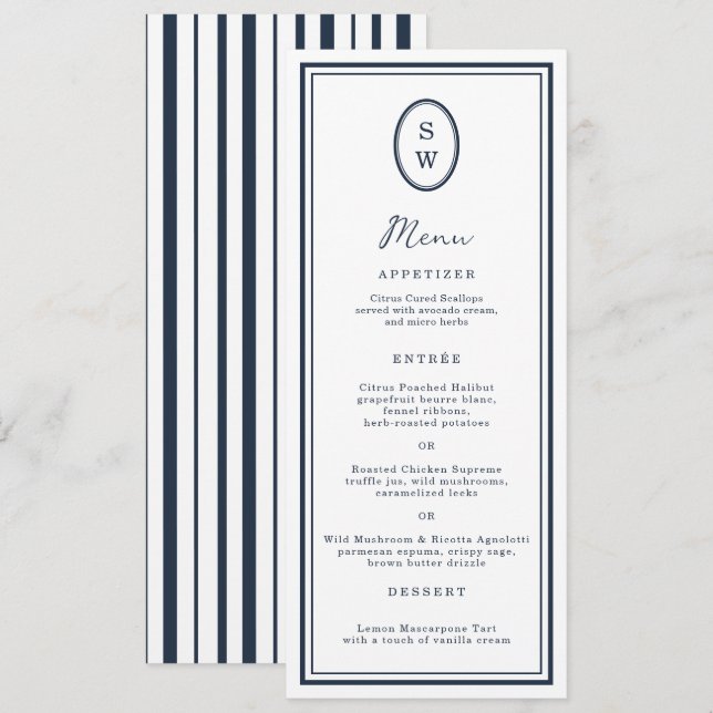 Nautical Navy Monogram Long Wedding Menu Card Inbjudningar (Fram/baksida)
