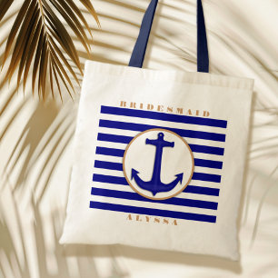 Nautical Navy och Tan Bridesmaid Namn Gift Bag Tygkasse