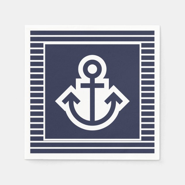 Nautical Navy och White Anchor Napkins Pappersservett (Framsidan)