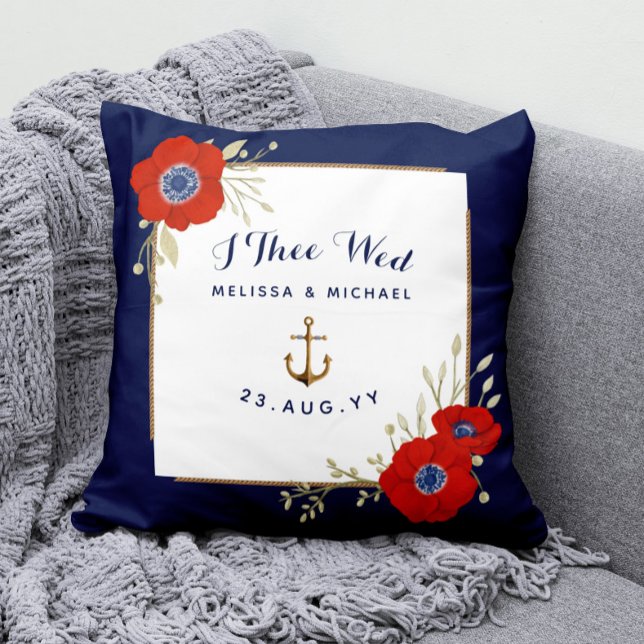 Nautical Navy & Red Anemones Ring Bearer Kudde (Dated Nautical Wedding Ring Bearer Keepsake Pillow with Watercolor Red Anemone and Anchor)