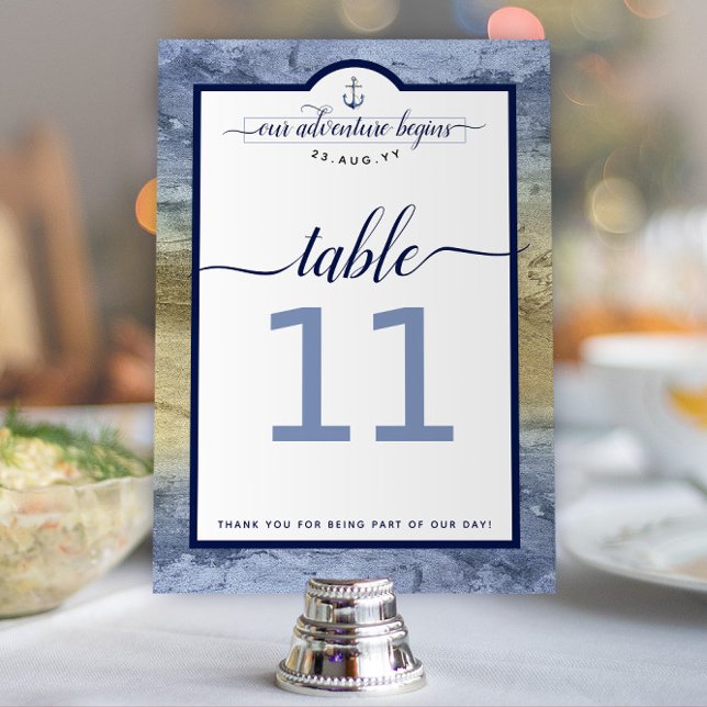 Nautical Navy Stålblå och Guld Event Bröllop Bordsnummer (Steel Blue and Gold Nautical Wedding "Our Adventure Begins" Wedding Table Numbers)