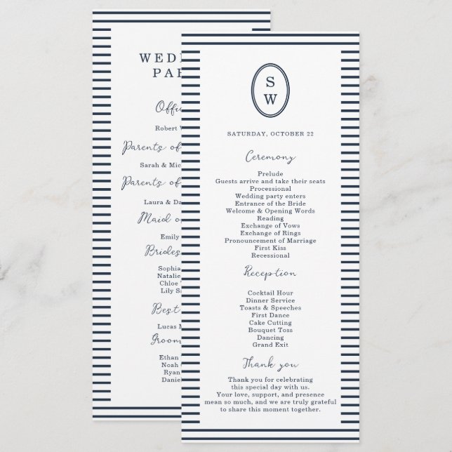 Nautical Navy Stripe Classic Wedding Program Card (Fram/baksida)