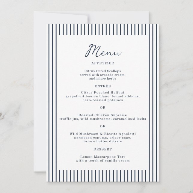 Nautical Navy Stripe Monogram Wedding Menu Card Inbjudningar (Framsida)