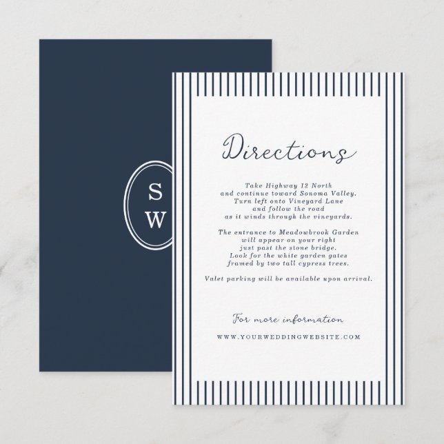 Nautical Navy Stripe Wedding Directions Card Tilläggskort (Fram/baksida)