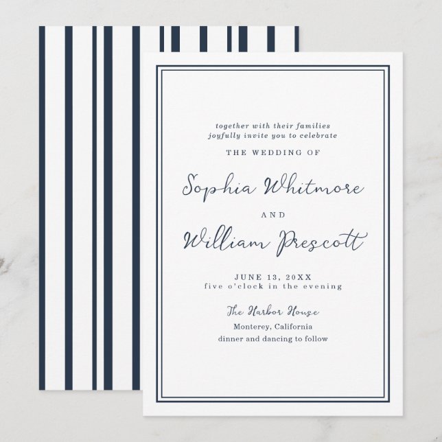 Nautical Navy Stripe Wedding Invitation Inbjudningar (Fram/baksida)
