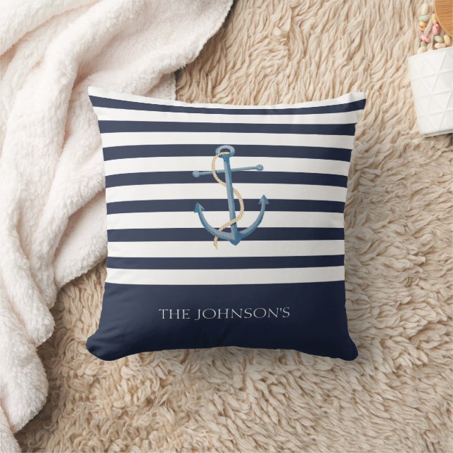 Nautical Navy Striped Anchor Coastal Kudde (Filt)