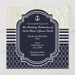 Nautical Navy & Vit Elegant Strandbröllop Inbjudningar