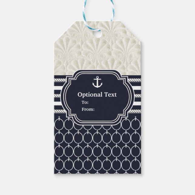 Nautical Navy & Vit Elegant Strandbröllop Presentetikett (Framsidan)