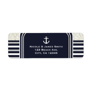 Nautical Navy & Vit Elegant Strandbröllop Returadress Etikett