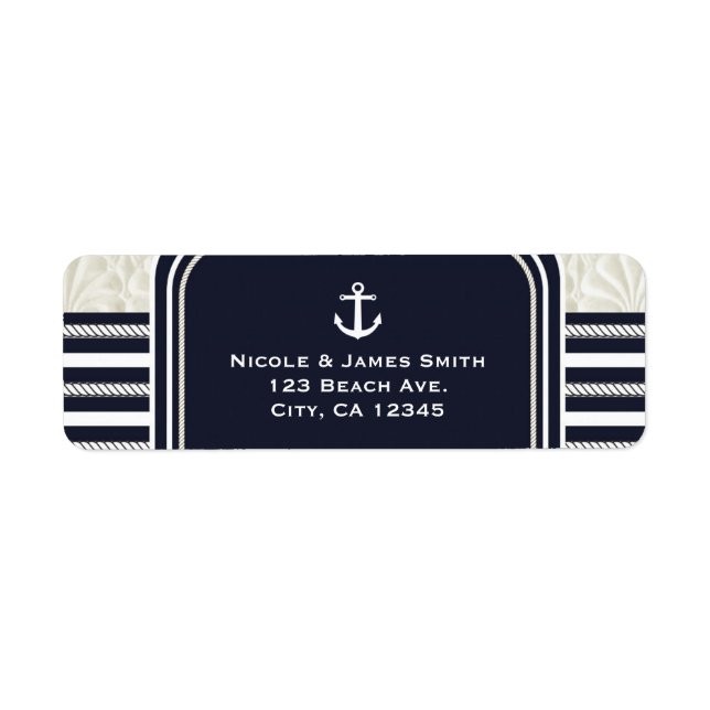 Nautical Navy & Vit Elegant Strandbröllop Returadress Etikett (Framsidan)