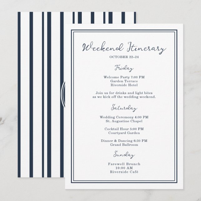 Nautical Navy Wedding Weekend Itinerary Card Inbjudningar (Fram/baksida)