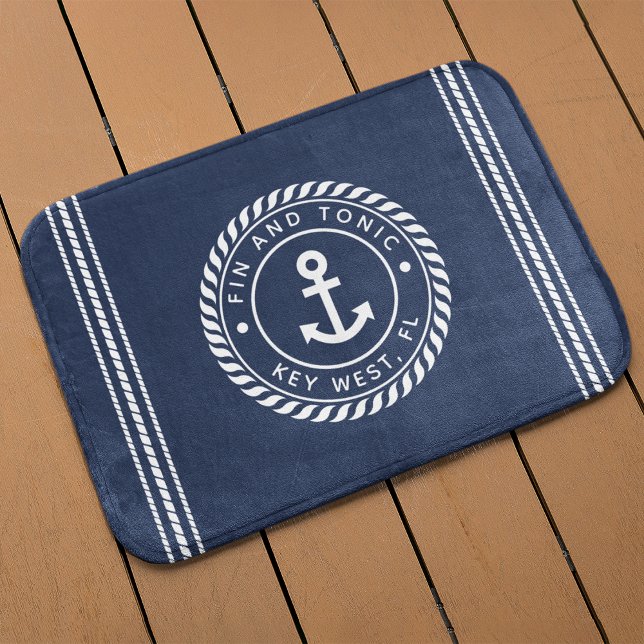 Nautical Navy & White Anchor | Din båt Namn Badrumsmatta (Skapare uppladdad)