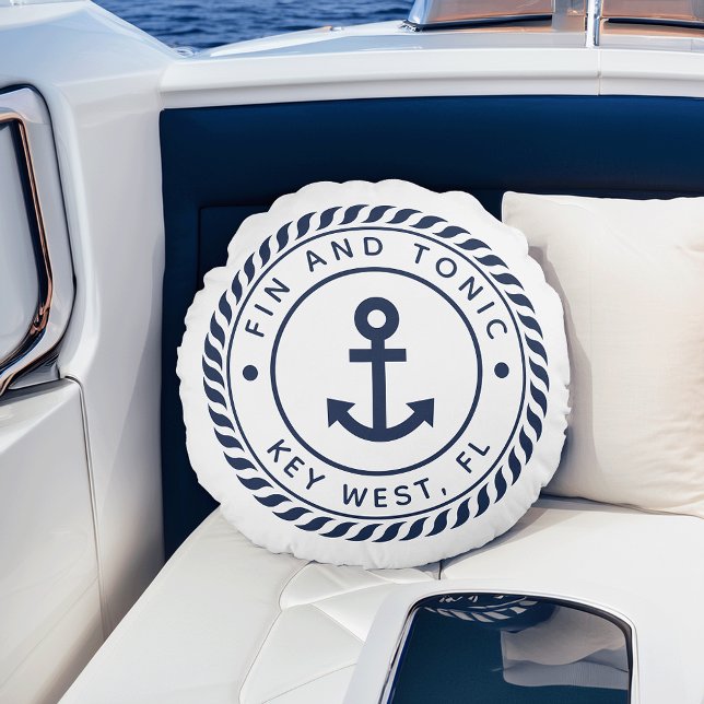 Nautical Navy & White Anchor | Din båt Namn Rund Kudde (Skapare uppladdad)