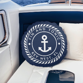 Nautical Navy & White Anchor | Din båt Namn Rund Kudde