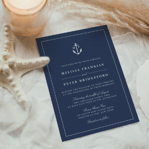 Nautical Navy & White Anchor Monogram Bröllop Inbjudningar