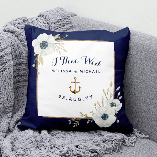 Nautical Navy & White Anemones Ring Bearer Kudde (Nautical Wedding Ring Bearer Keepsake Pillow with Watercolor White Anemone Flowers and Anchor)
