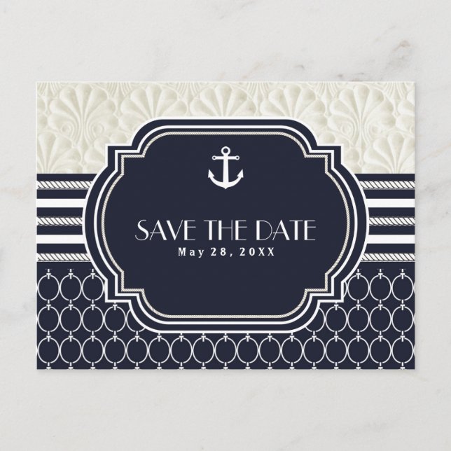 Nautical Navy & White Strandbröllop Save the Date Meddelande Vykort (Framsida)