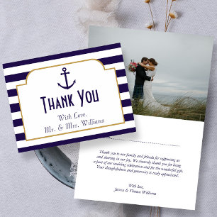 Nautical Navy & White Stripe Anchor Bröllop Tack Kort