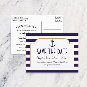 Nautical Navy & White Stripe Anchor Spara Datum Meddelande Vykort
