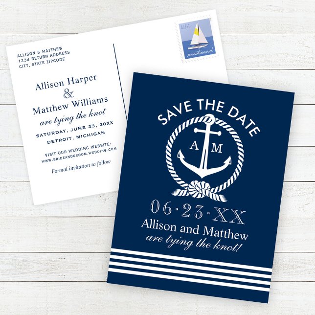 Nautical Navyblå Ankare Bröllop Save the Date Meddelande Vykort (Skapare uppladdad)