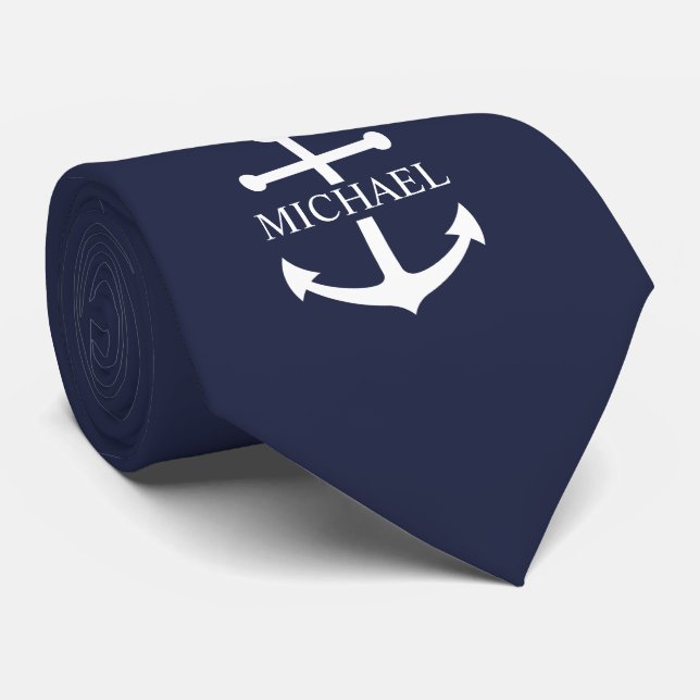 Nautical Navyblå Ankare Personligt Namn Slips (Rullad)