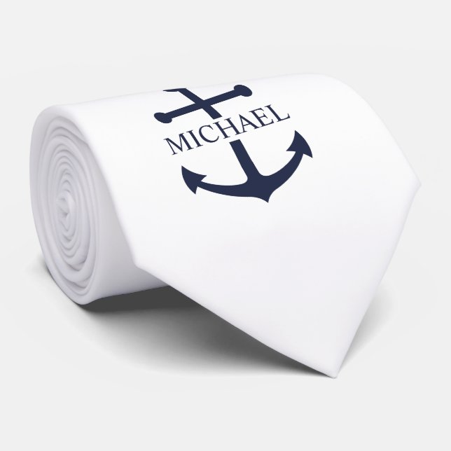 Nautical Navyblå Ankare Personligt Namn Slips (Rullad)