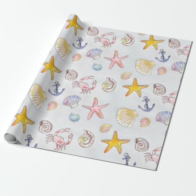 Nautical Ocean Beach Pastel Starfish Seashell Presentpapper (Utrullad)