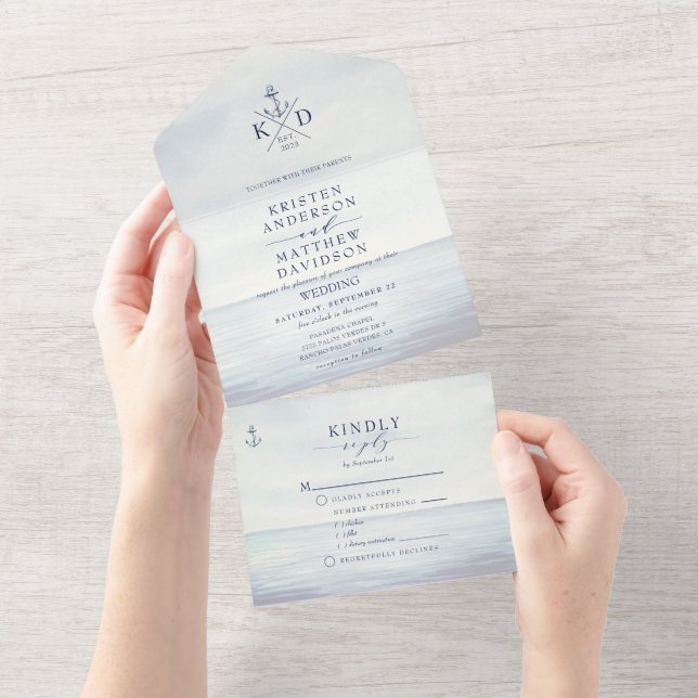 Nautical Ocean Watercolor Bröllop Monogram (Avrivbar del)