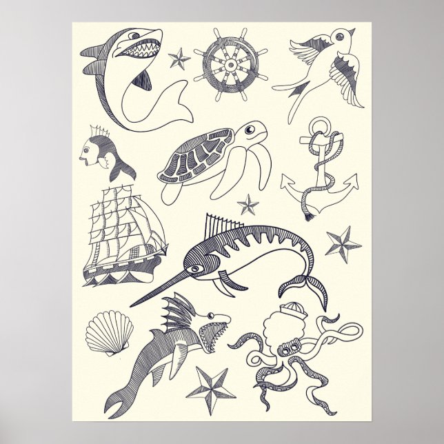 Nautical Old Sailor Tattoos Collage Poster (Framsidan)