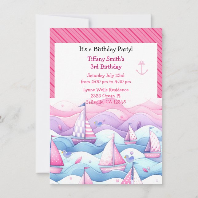 Nautical Pastel Sailboat Girls Birthday-inbjudan Inbjudningar (Framsida)