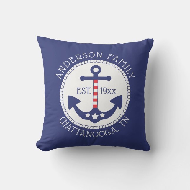 Nautical Patriotic Anchor Family Namn Kudde (Framsida)