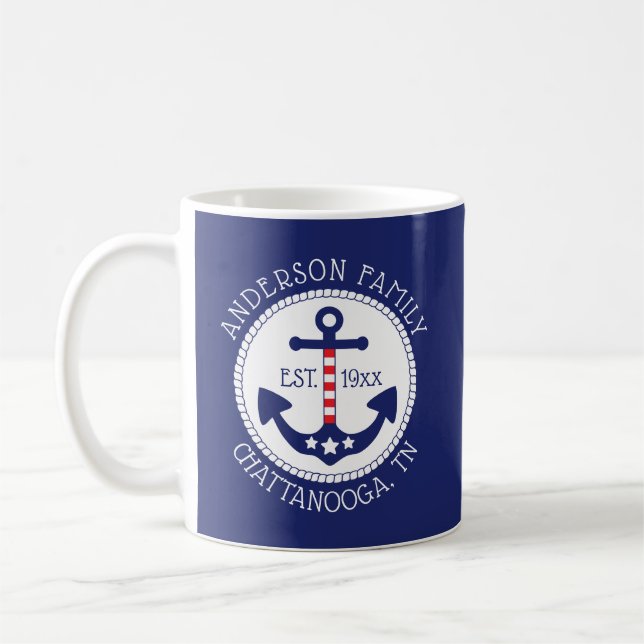 Nautical Patriotic Anchor Family Namn Navy Blue Kaffemugg (Vänster)