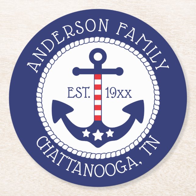 Nautical Patriotic Anchor Family Namn Underlägg Papper Rund (Framsidan)