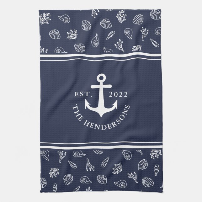 Nautical Personlig Navy Blue Anchor Family Kökshandduk (Vertikal)