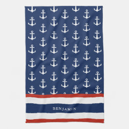 Nautical Personlig Navy Blue White Anchor Kökshandduk