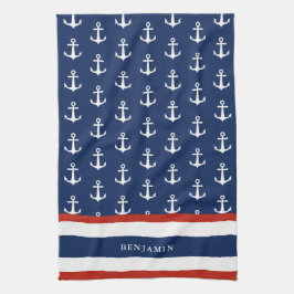Nautical Personlig Navy Blue White Anchor Kökshandduk