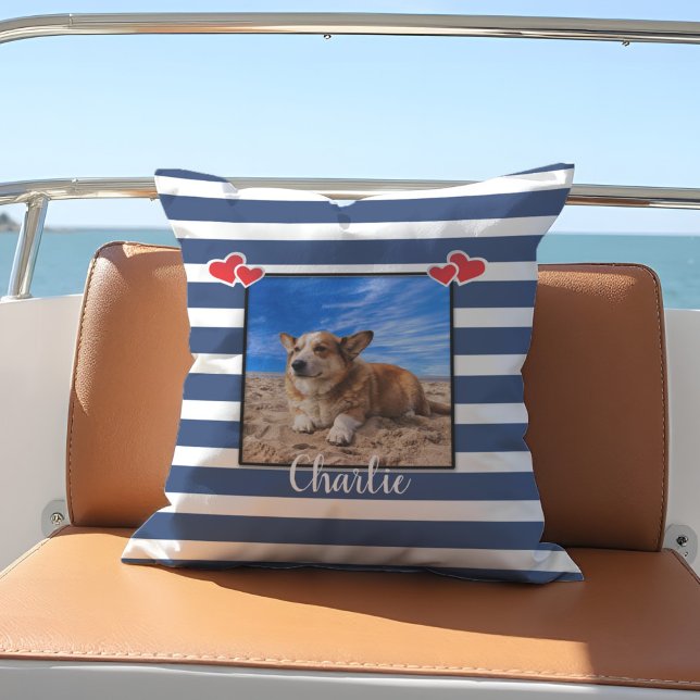 Nautical Photo Boat Decor Hearts Blue White Rand Kudde (Custom nautical photo pillow with classic blue and white stripes and a beachy vibe for boat decor.)